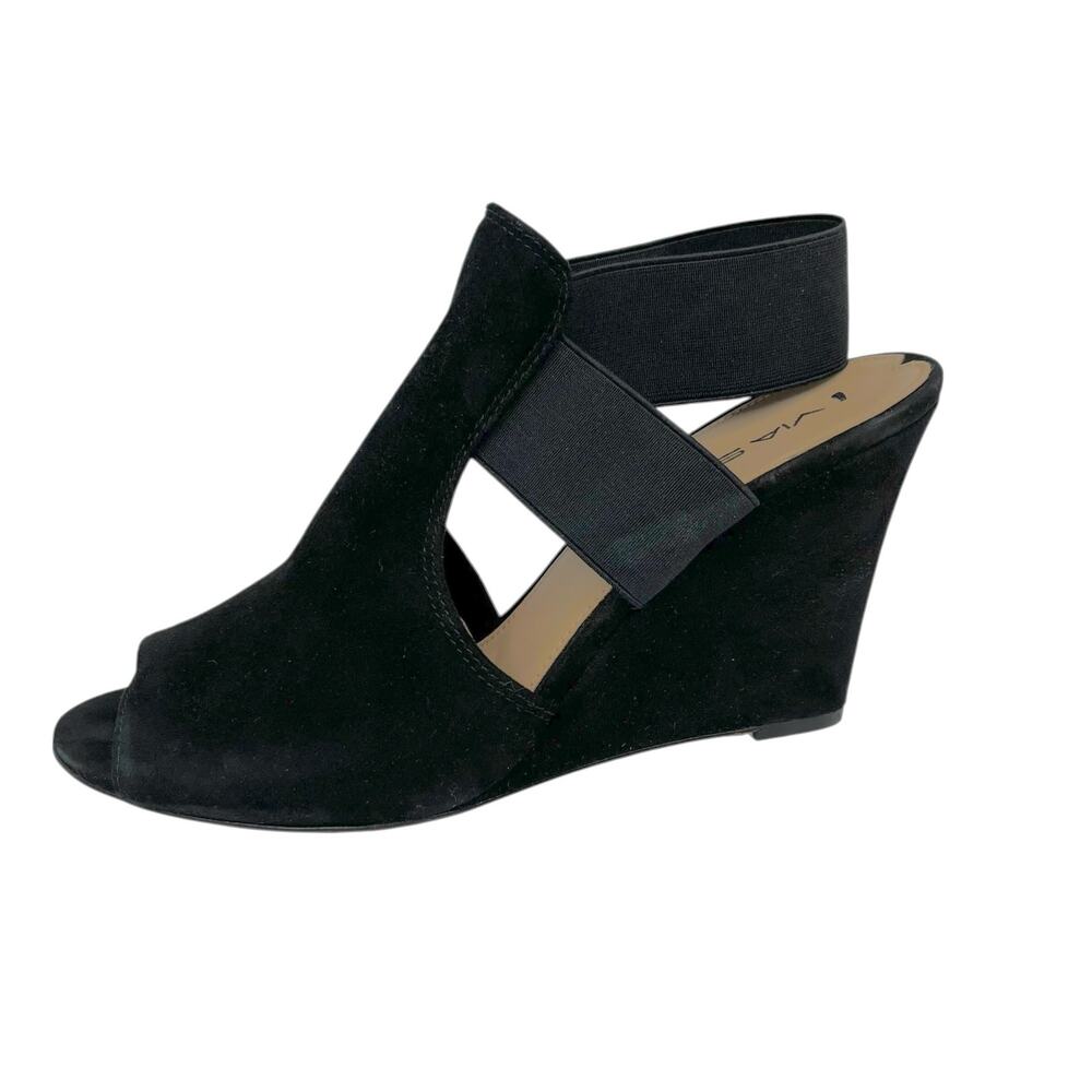 Via Spiga Black Suede Slingback Wedge Heels 7M Elastic Sides Open Toe Chic